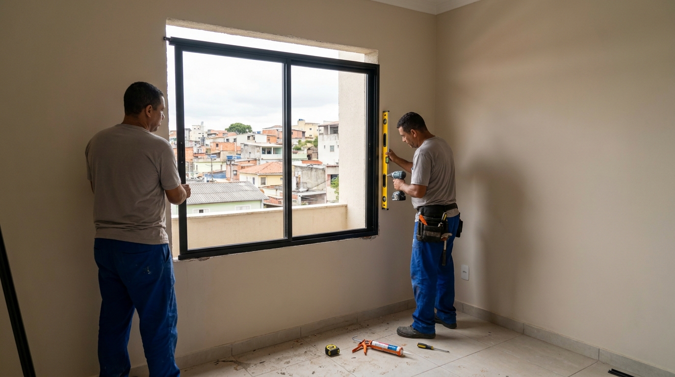 Esquadria de alumínio em quarto bege em Vitória da Conquista-BA