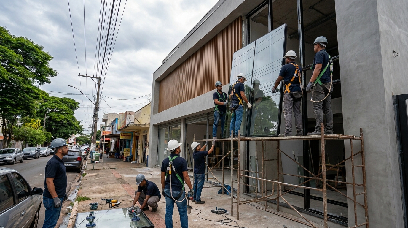 Fachada de vidro com andaime lateral em Vitória da Conquista-BA