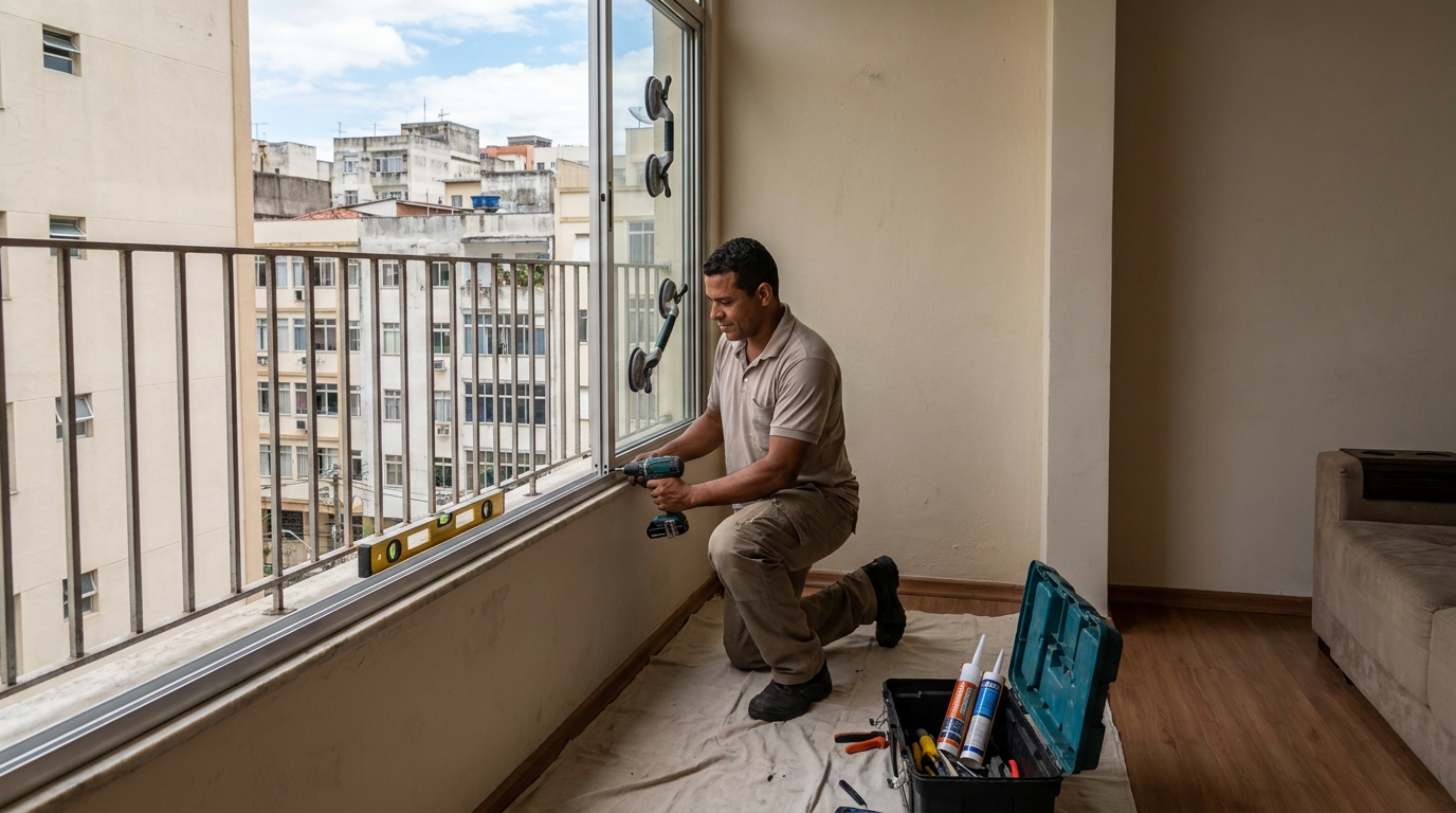 Janela de vidro com vista para prédios em Vitória da Conquista-BA