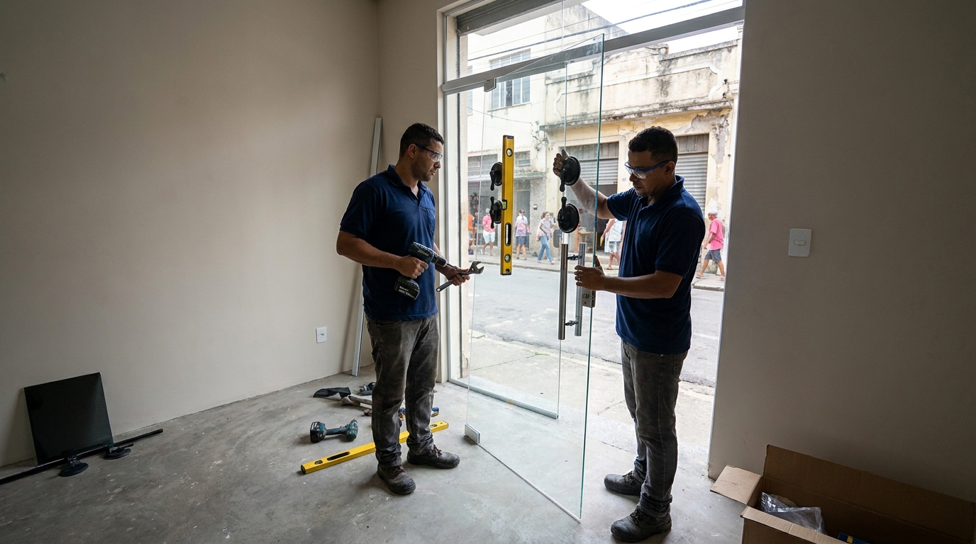Porta de vidro com vista urbana em Vitória da Conquista-BA